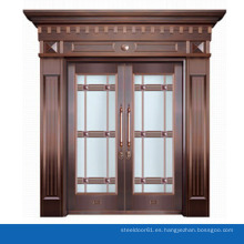 Diseño de puerta de entrada de cobre lujo helado vidrio exterior de la puerta con la cabeza puerta abovedada